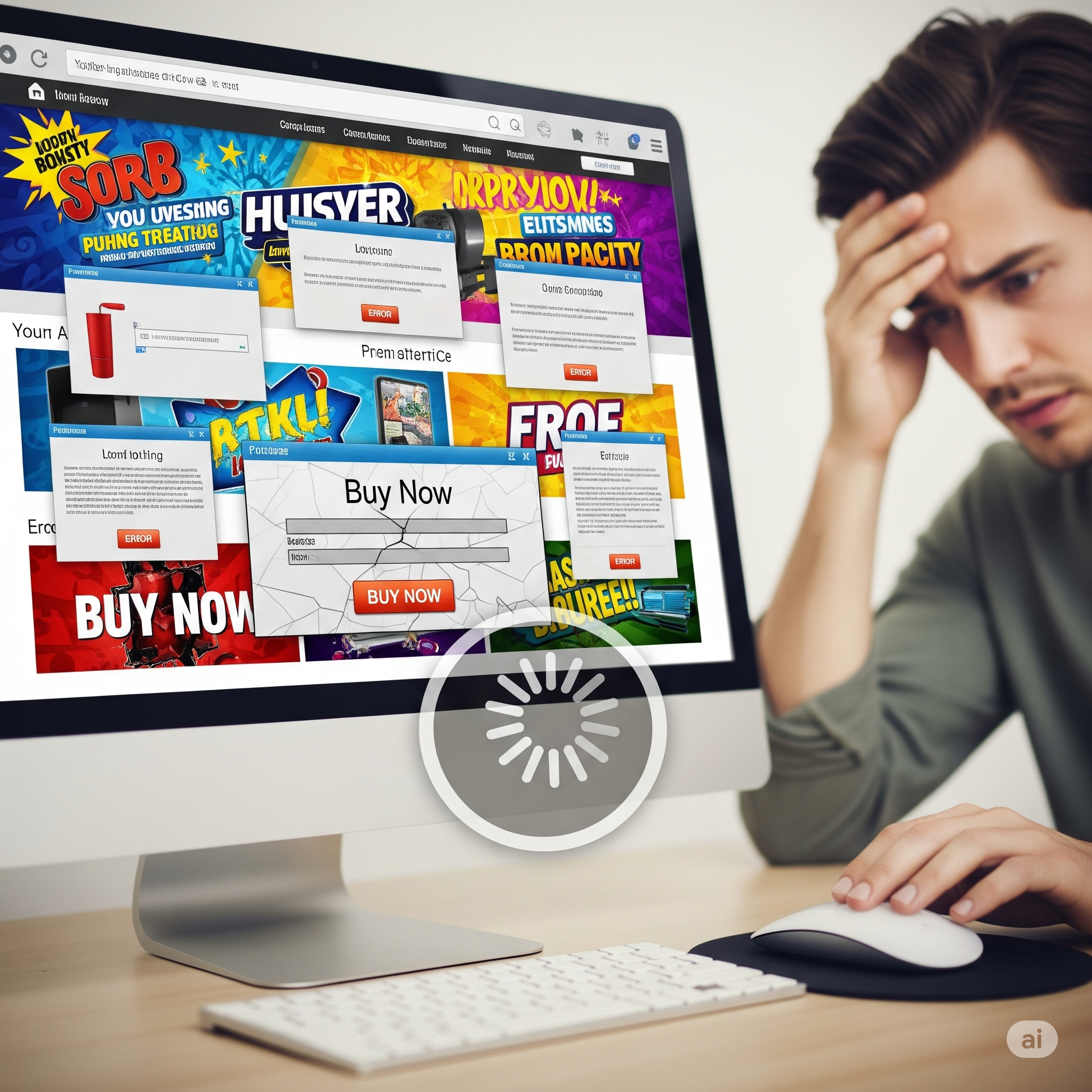 Página web lenta, confusa y con errores que frustran al usuario.